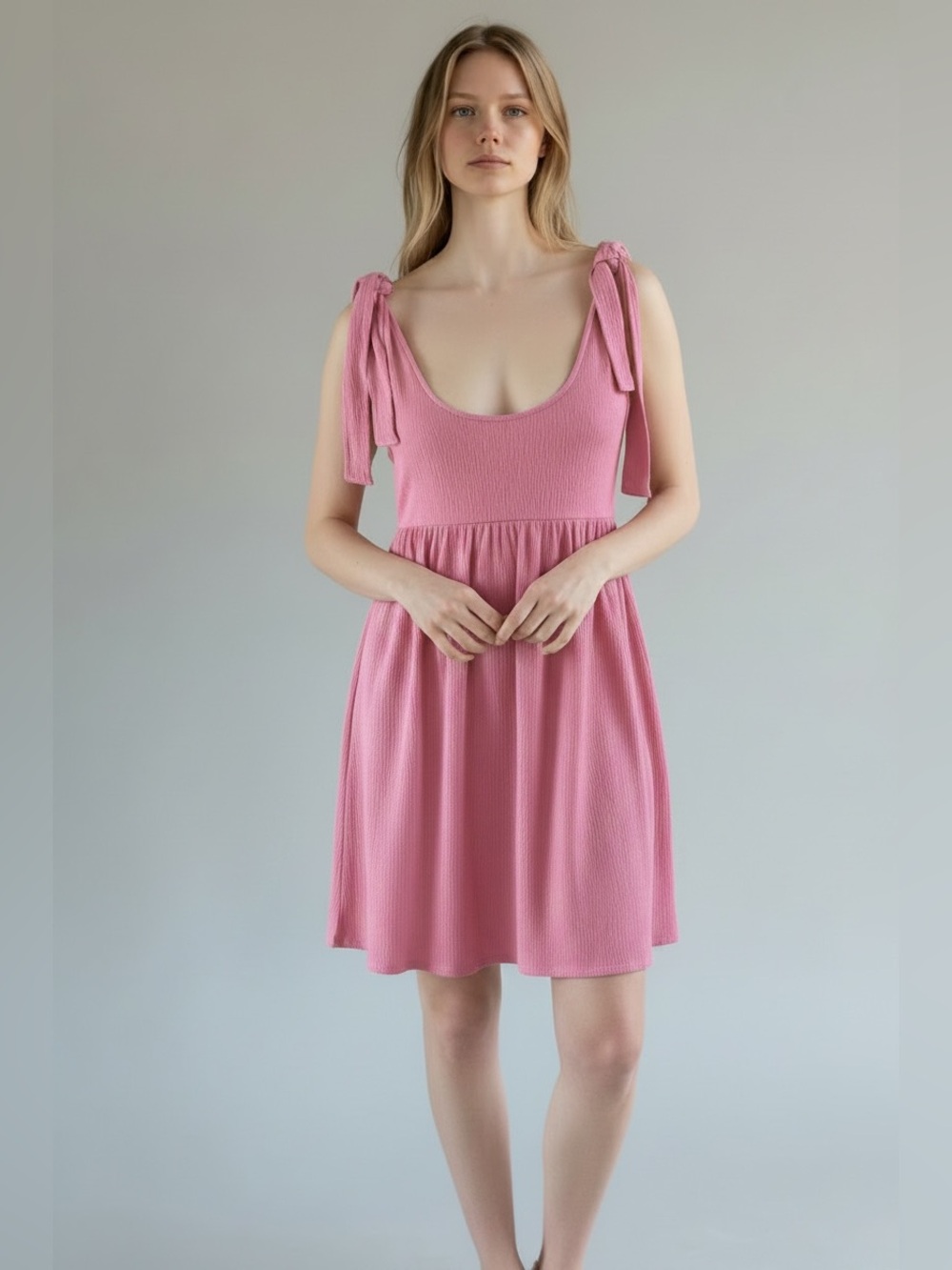 wild fable Baby Doll Tie-Shoulder Textured Mini Dress, Bubble Gum Pink, Medium